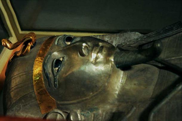 Silver Antropoid coffin of Psusennes I, discovered by Pierre Montet, Egyptian Museum