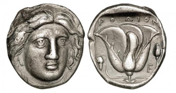 Silver coins from Rhodes circa 316 – 305 AD with Helios represented on one side, a rose on the other. Was this the face of the Colossus of Rhodes?