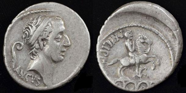 Silver denarius struck in Rome 57 BC showing Ancus Marcius.