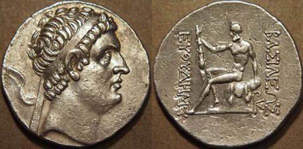 Silver coin depicting Euthydemus. Note the Greek alphabet (Rani nurmai / CC BY-SA 3.0)