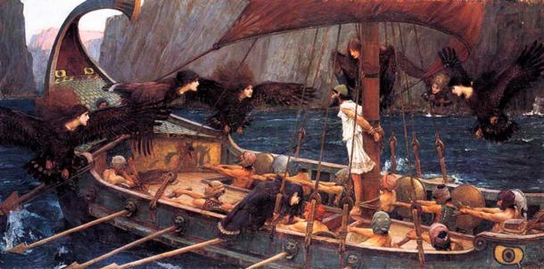 Ulises y las sirenas, 1891, John William Waterhouse. Odysseus (Odiseo) está atado al mástil y la tripulación tiene los oídos tapados para protegerse de las sirenas. (Dominio publico)