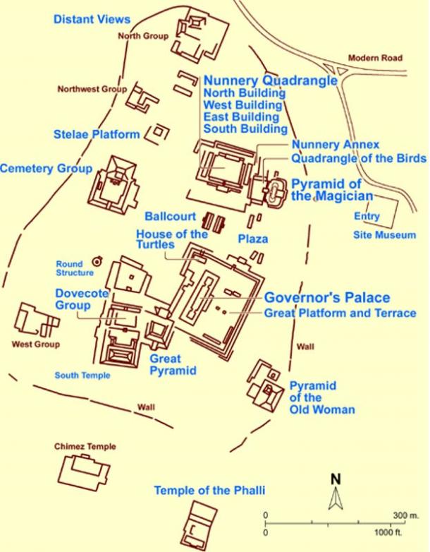 A Site Map of Uxmal.