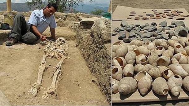 Skeleton and shells found at the Montegrande site. 