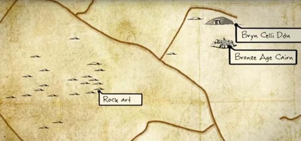Sketch map showing multiple cairns plus rock art local to Bryn Calli Ddu 