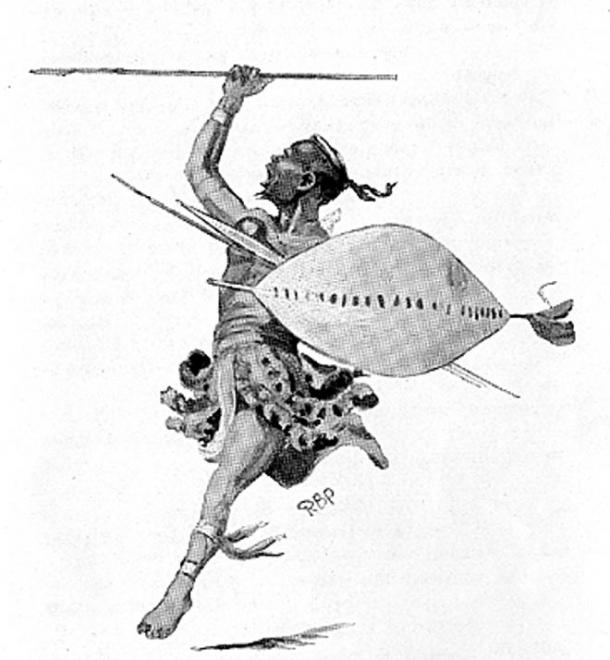 Sketch of a Zulu warrior wearing traditional clothing and using standard weaponry.