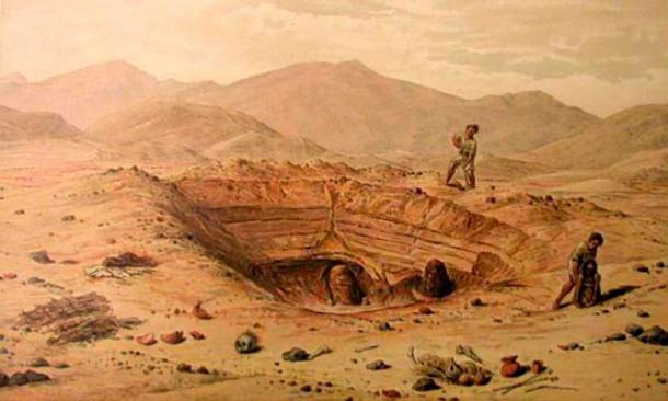 Sketch from a book by Reiss and Stübel on the excavations and findings at the necropolis of Ancon, Peru. At the end of the 19th/beginning of the 20th century, the content of graves was examined on the spot: mummy bundles and objects worth selling were taken away, invaluable items discarded. (Begerock et al. 2022/ Frontiers in Medicine)