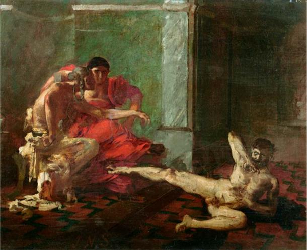 Sketch of Locusta testing poison on a slave in Nero's presence. The poison prepared for Britannicus. (Public Domain)