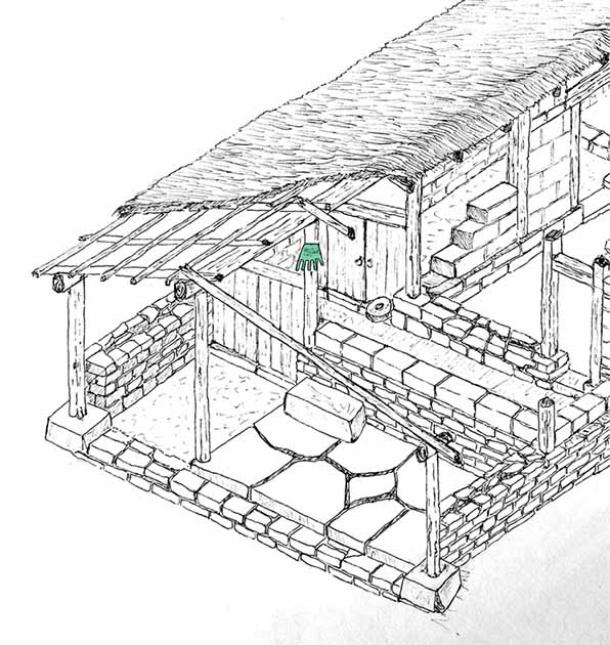 Sketch of a house, indicating where the bronze hand inscribed in Vasconic script was likely displayed. (Aiestaran, M. et. al / Antiquity Publications Ltd)