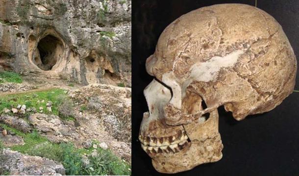 Left: Es Skhul Cave, Mount Carmel, Israel (CC BY SA 3.0). Right: A skull found in the cave, which represents an archaic and anatomically modern human