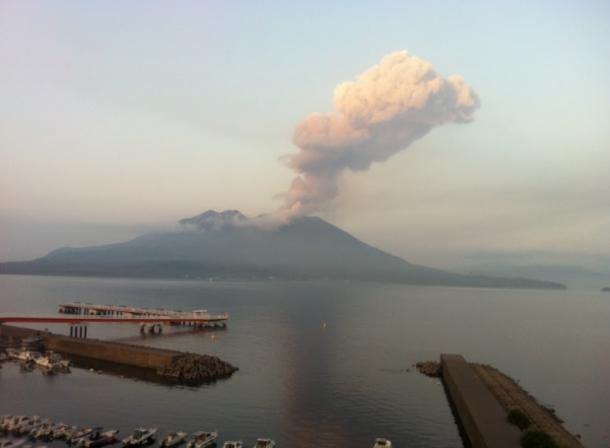 Smoldering volcanic island in the archipelago of Japan
