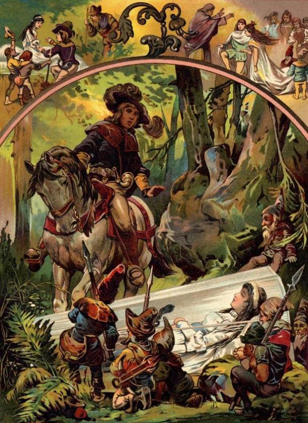 The prince sees Snow White in her glass coffin with the dwarfs.