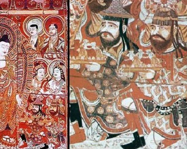Sogdian merchants making donations to Buddha. 9th century fresco from the Bezeklik Thousand Buddha Caves near Turfan, Xinjiang, China.