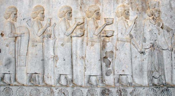 Sogdians on an Achaemenid Persian relief from the Apadana of Persepolis, offering tributary gifts to the Persian king Darius I, 5th century BC