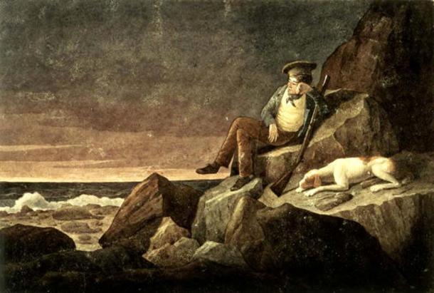 Solitude, watching the horizon at sun set, in the hope of seeing a vessel, Tristan da Cunha in the South Atlantic (1824) by Augustus Earle. 