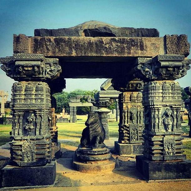 Some of the surviving beautifully ornate pillars at Warangal Fort