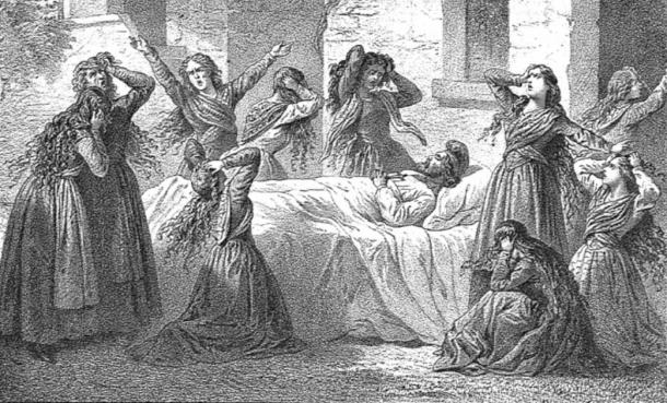 Some professional mourners created quite a spectacle, including pulling out their hair as they wailed. Drawing circa 1863 (Public Domain)