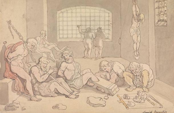 English painter Thomas Rowlandson's watercolor and ink depiction of victims of the Spanish Inquisition