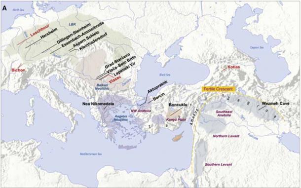 Spatial and temporal distribution of the ancient genomes analyzed in this study. (A) Location of archaeological sites with newly sequenced genomes and additional genomes used for modeling: Neolithic (black) and Mesolithic or Palaeolithic (red); different chronological phases of Neolithic expansion (colored areas) and archaeological cultures (blue) along the Danubian route of Neolithization; geographical areas (purple).