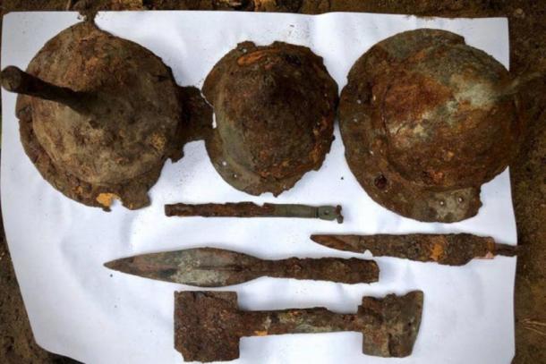 Spearheads, helmets and other items found at the Germanic burial site in Kostrzyn, Poland, earlier this year. (Tempelburg Historical and Cultural Association and Kostrzyn Fortress Museum) 