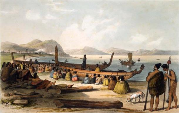 War Speech by Augustus Earle. An unknown Maori chief addressing a crowd of warriors alongside their waka canoes. (Public domain)