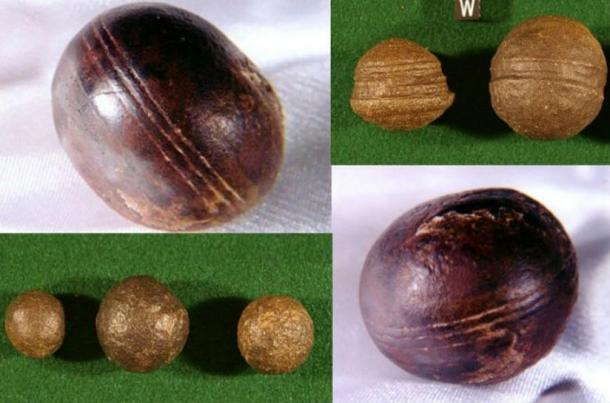 Top left, bottom right: Spheres, known as Klerksdorp spheres, found in the pyrophyllite (wonderstone) deposits near Ottosdal, South Africa. (Robert Huggett) Top right, bottom left: Similar objects known as Moqui marbles from the Navajo Sandstone of southeast Utah.