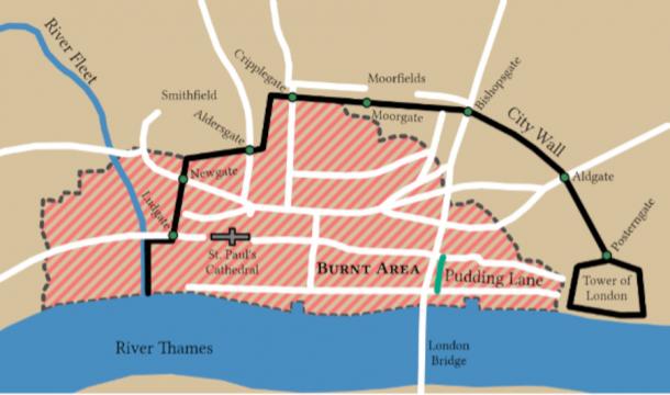 Spread of the Great Fire of London based on Tinniswood (2003, p. 97) and Hollar (1666)
