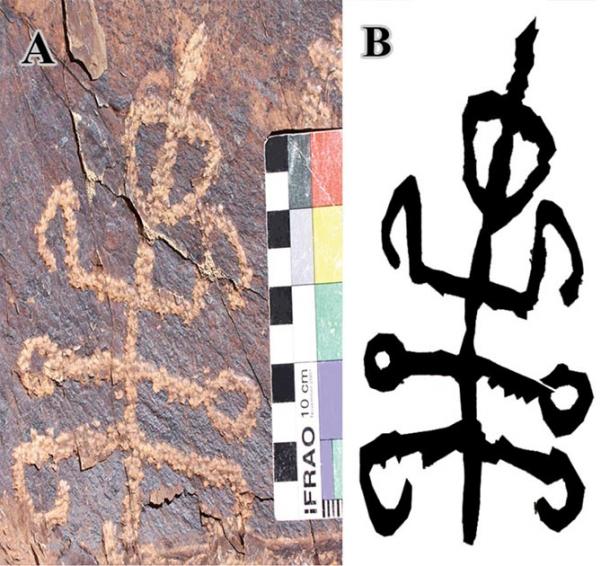 “Squatting mantis man” petroglyph. A. The inspected petroglyph, located in Teymareh Region, Khomein County, Markazi Province, Iran. IFRAO (International Federation of Rock Art Organizations) Standard Scale: 10 cm from end to end. Photo credit: M. Naserifard. B. Black and white drawing of the motif (illustration by M. Kolnegari). (Journal of Orthoptera Research)
