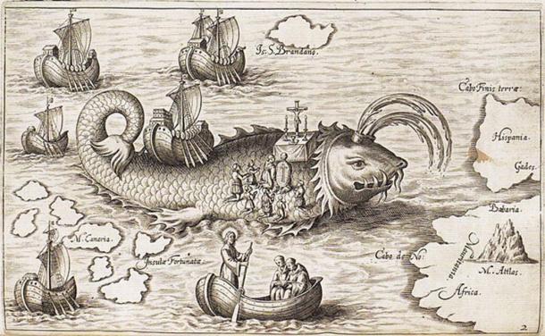 St. Brendan's ship on the back of a whale, and his men praying, in Honorius Philoponus' Nova typis transacta navigation 1621; image from Sea Monsters on Medieval and Renaissance Maps by Chet Van Duzer. (Public Domain)