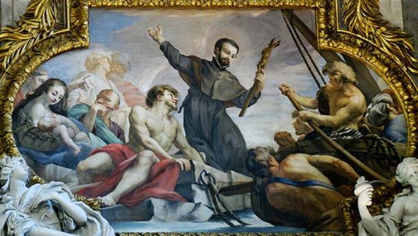 St. Francis Xavier recovering his cross brought back by a crab. Chapel of St. Francis, Gesu, Rome.