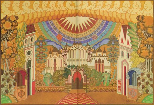 Diseño de la escenografía para la Escena Dos, Acto Cuatro de la ópera "Historia de la ciudad perdida de Kitezh y la doncella Fevronia" por Rimsky-Korsakov. 1929