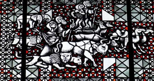 Stained-glass imagery showing animals allegedly being led into the ark. 