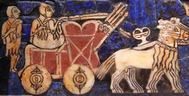 The Standard of Ur, from circa 2500 BC, includes a depiction of a cart with wheels. Ancient Mesopotamia was one of the first civilizations to use the wheel. (Public domain)