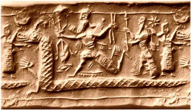 Star is seen above the heads of the deities portrayed here on a Babylonian (albeit Neo-Assyrian) cylinder.