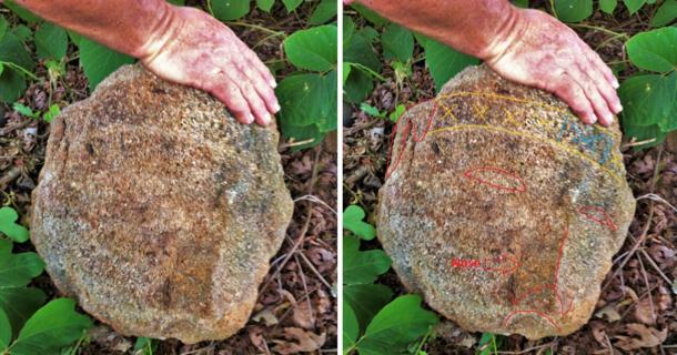 Statue Head recovery. The image on the right provides an outline showing the weathered features of the statue head. The outline is provide as an example of the type of motif features upon the surface of the grotesque anthropomorphic head and many not represent the exact motif in its original form.