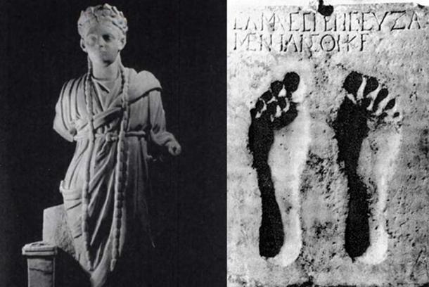 Statue of an Archigallus, high priest of Cybele, 2nd-3rd century AD (left) (Public Domain), and a dedication to the goddess Ma with the imprint of a bare foot, first century BC (right). (Public Domain)