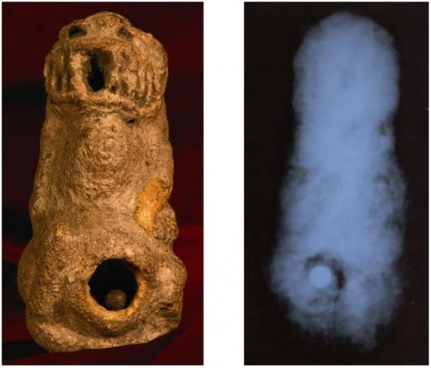 Left: Statue with opening containing metal ball. Right: X-ray of statue before it was opened up, showing metal ball inside