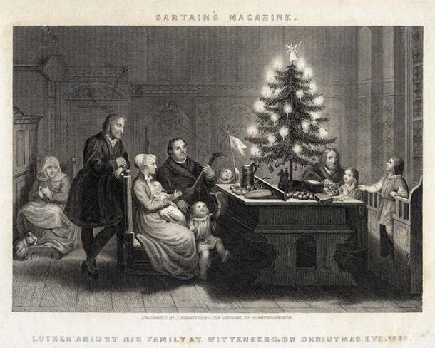 Steel engraving of Martin Luther’s Christmas Tree, from Sartain’s Magazine, circa 1860. (Public domain)