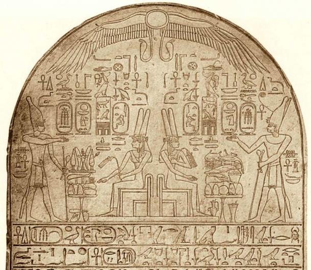 Stela depicting Tetisheri (seated) and pharaoh Ahmose.