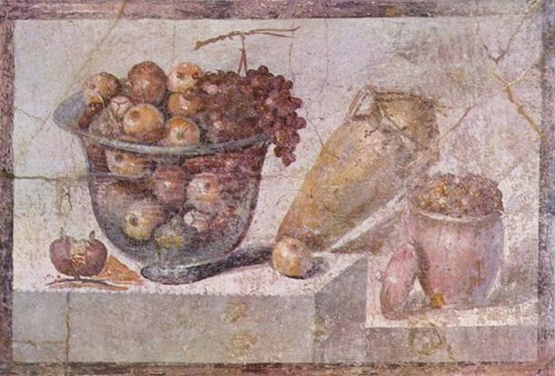 ‘Still life with glass bowl of fruit and vases’ by a Pompeian painter in 70 AD, Museo Archeologico Nazionale, Naples, Italy.