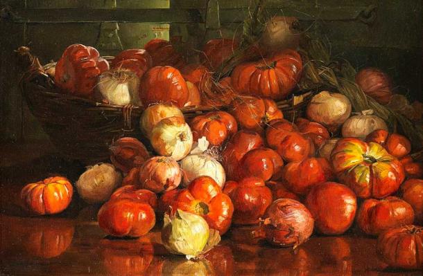 Bodegón con cebollas y tomates de Catherine M. Wood. (Dominio publico)