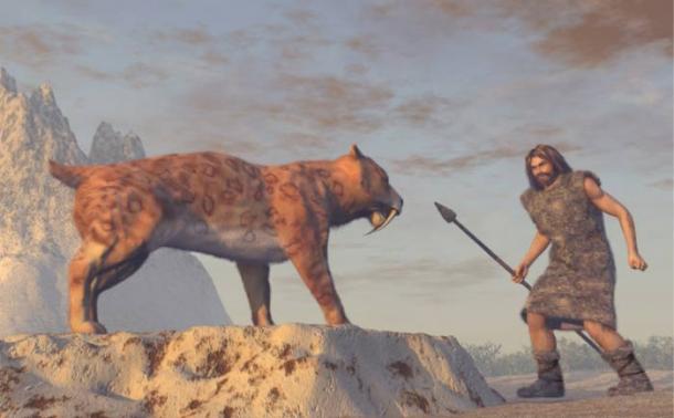 Stone Age man and saber-tooth cat