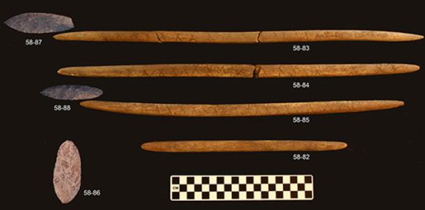 Stone projectile points and decorated antler rods