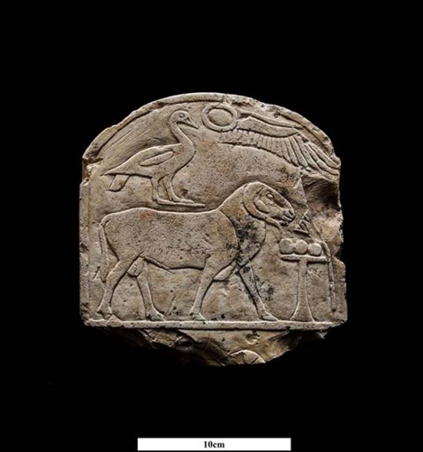 Stone tablet found at the Karnak site depicting offering table, ram, goose and winged sun-disk. (Image: Ministry of Antiquities)
