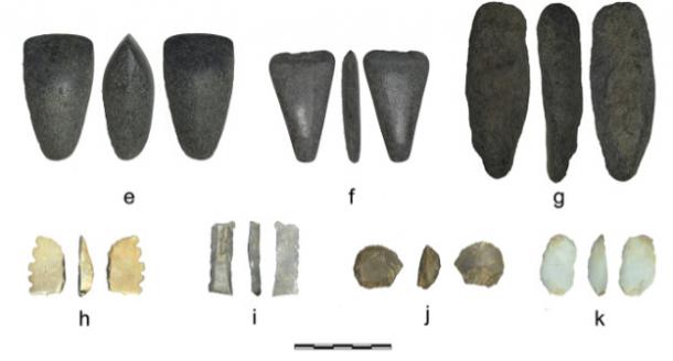 Stone tools from Oued Beht: e & f) polished axes; g) axe/adze preform; h) serrated sickle element; i) rectilinear sickle element; j) circular endscraper; k) product from bipolar percussion.