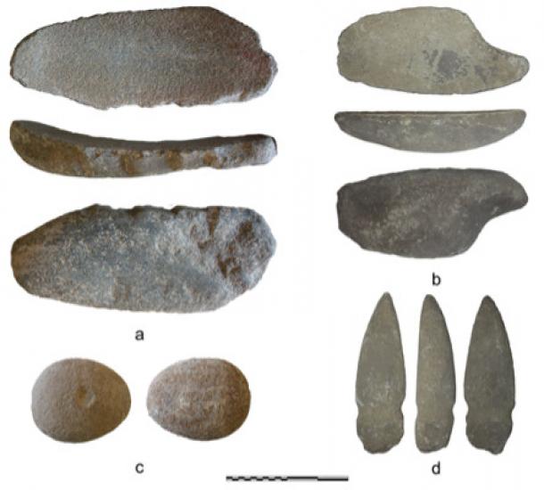 Stone tools from Oued Beht: a & b) lower grinding stones; c) upper grinder reused as anvil.