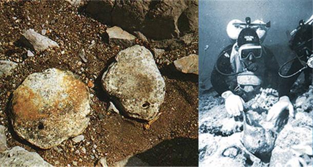 Dokos batığından taş çapalar. Erken Helladiç II. Yunan Deniz Arkeolojisi Enstitüsü-2. EPCA. Doğru; Dokos batığını inceleyen arkeologlar. (Yunanistan Kültür Bakanlığı/ARF)