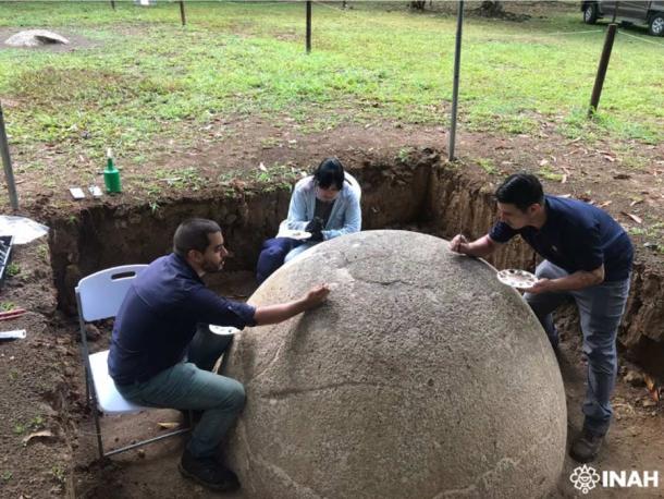 Stone spere excavated in the Diquis Delta of Costa Rica, being restored. (INAH)