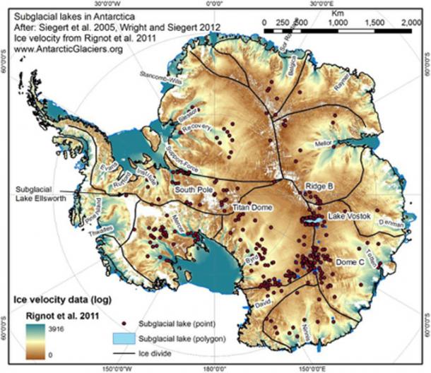 Subglacial lakes identified beneath the Antarctic continent.