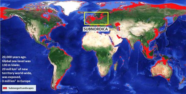 Submerged landscapes (in red) at the end of the last Glacial Maximum. Archaeologists are hoping to encounter Stone Age settlements during their upcoming explorations. (The University of Bradford)