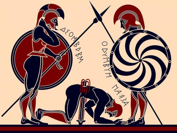 Suicide of Ajax the Great. The oldest known depiction of this motiv. Detail under the handle of a Corinthian black-figured column-krater known as the Eurytios Krater, ca. 600 BC. 